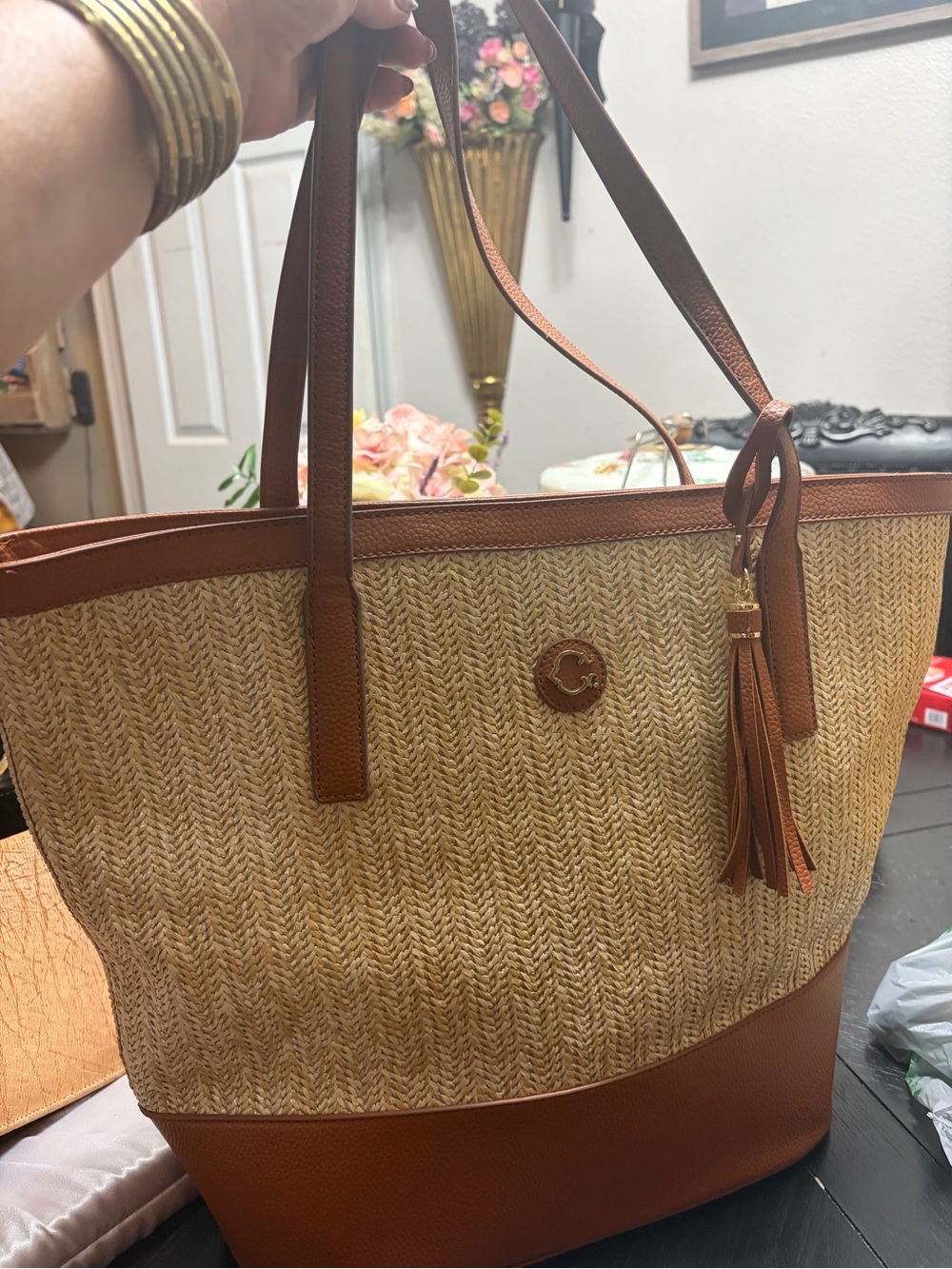 C. Wonder Straw Tote with Brown Leather Trim and Tassel